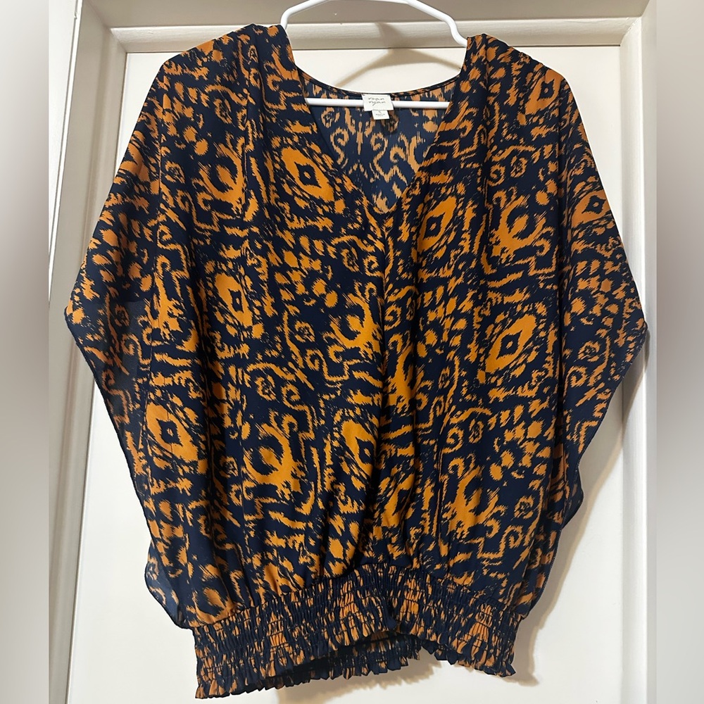 Roan and Ryan Navy and Orange Patterned Blouse